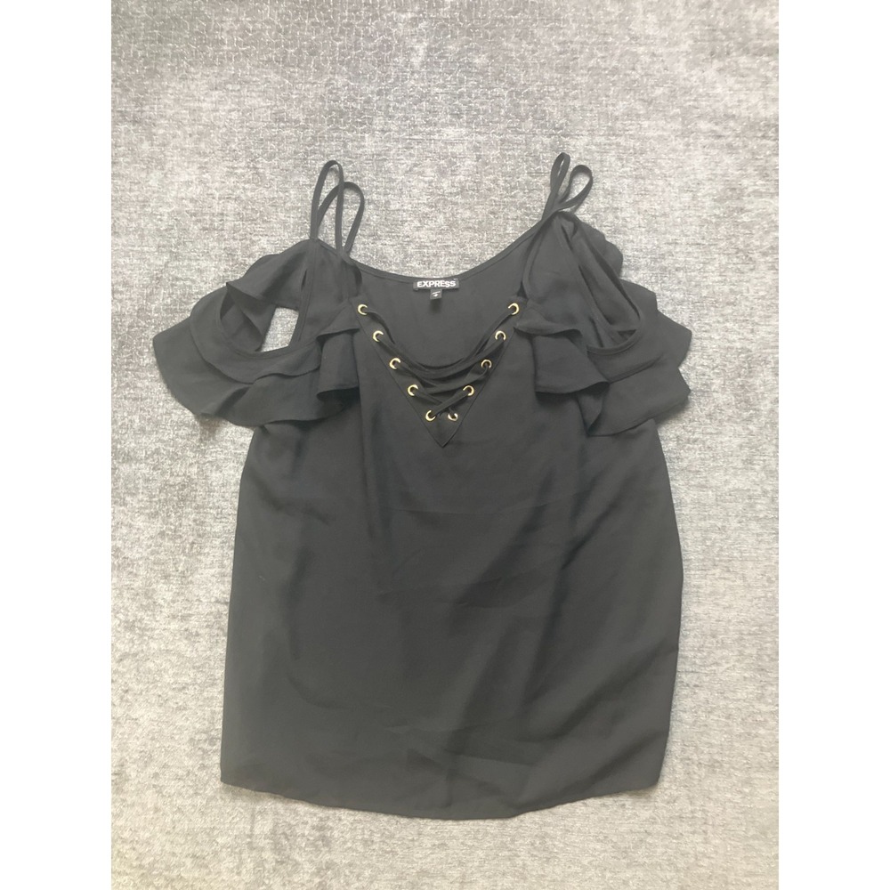 Express Blouse Top Womens Medium Black Cold Shoulder Lace Up Layered Ruffled